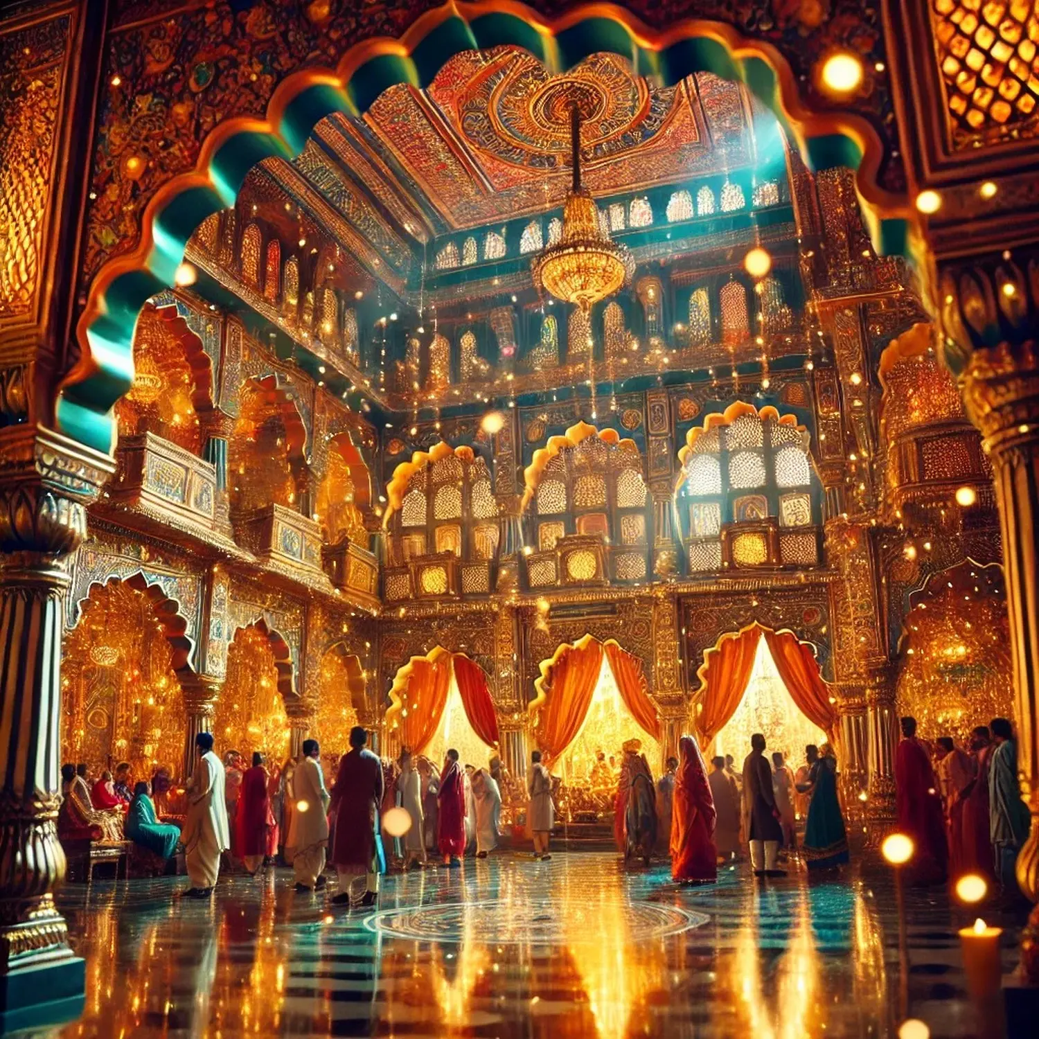 Eine aufwendige Hochzeitsfeier, vermutlich im Rahmen der hochkarätigen Hochzeitsfeierlichkeiten von Anant Ambani und Radhika Merchant in Jamnagar, Gujarat.  von MAGIC TAROT