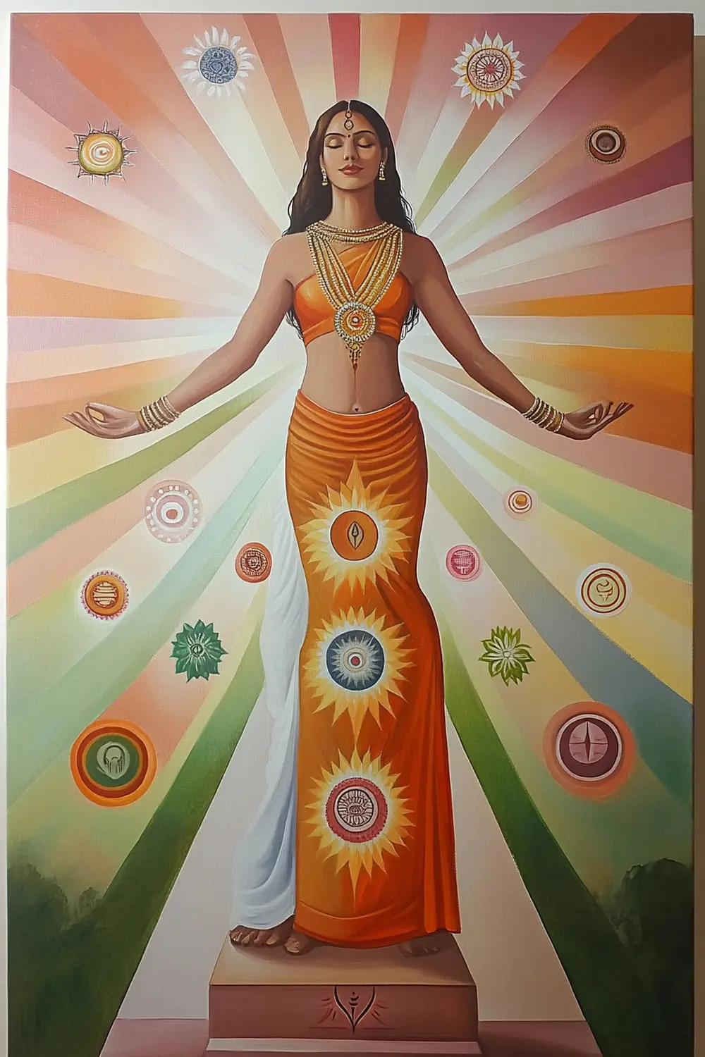 Eine Frau verkörpert das Konzept der sieben Chakren, die in verschiedenen spirituellen Traditionen, insbesondere im Hinduismus und Buddhismus, Energiezentren im Körper darstellen. von MAGIC TAROT