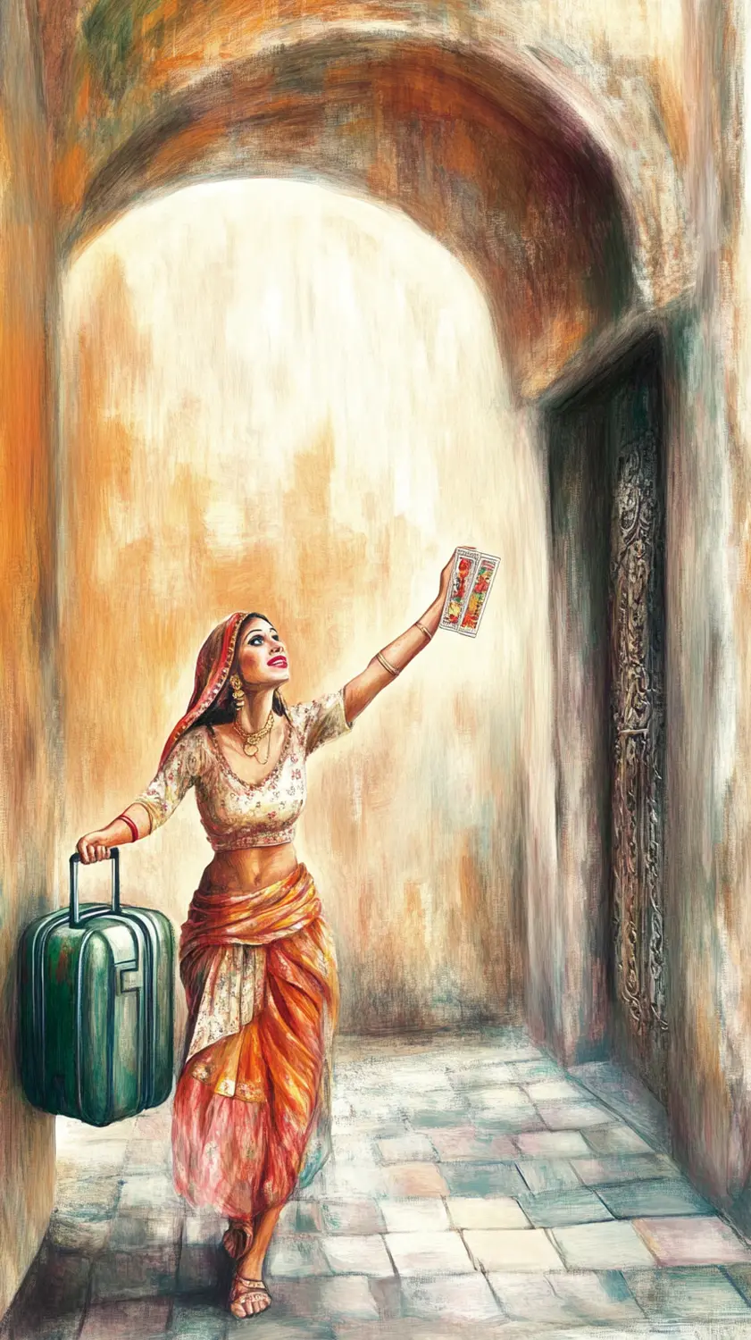 Indische Frau im Sari mit Gepäck in den Händen von MAGIC TAROT